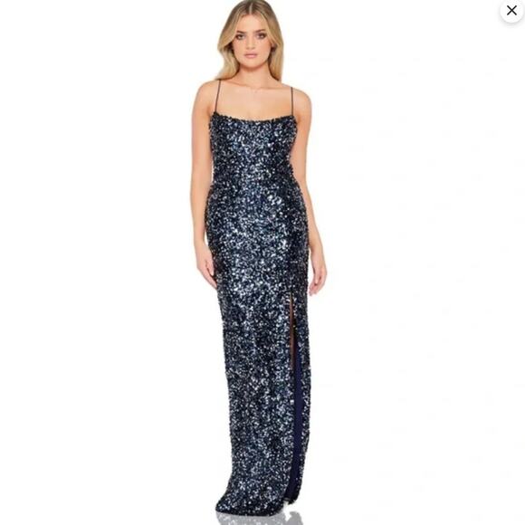 NOOKIE Sequined Long Maxi Evening Dress Spaghetti Strap High Slit Medium NEW - Picture 2 of 8